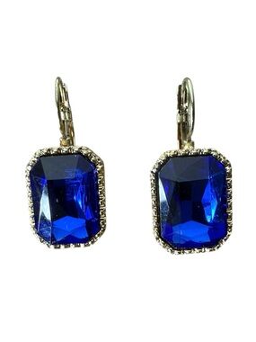 Blue Sapphire Crystal Rhinestone Rectangle Earrings Silver Toned Titanic Vibes